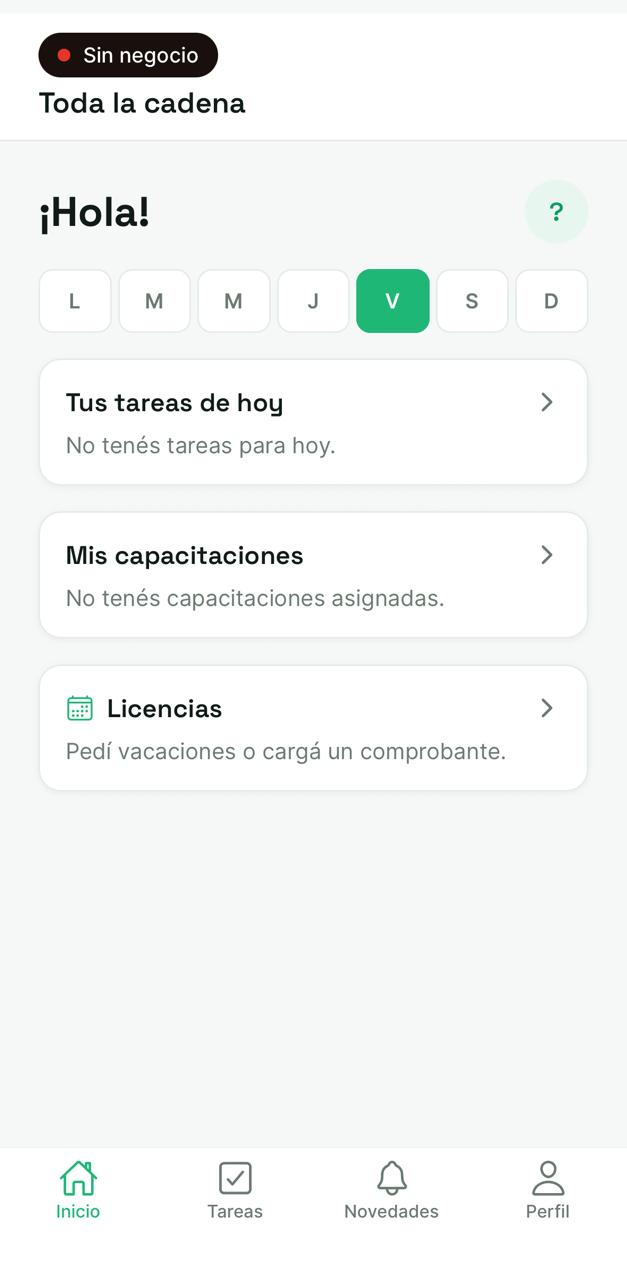 The white-label franchisee app: today's tasks, assigned training and leave requests.